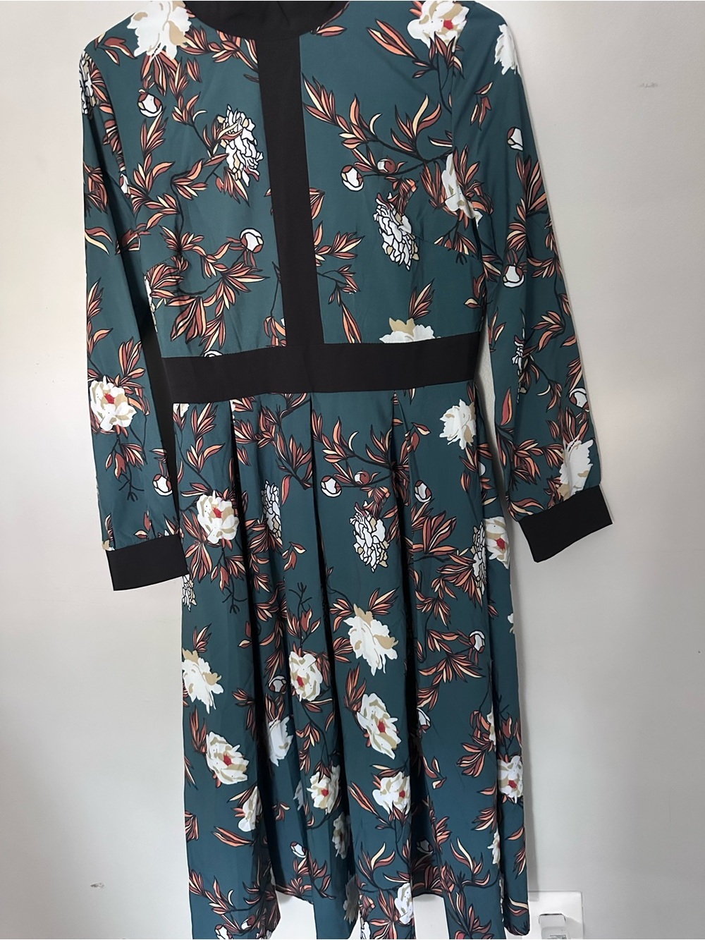 NWT Ricco Bruno Teal Floral Modest Midi Dress High Neck Size Small